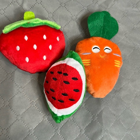Vibrant Plush Dog Toy Set - Small to Medium Dog Watermelon, Strawberry, Carrot - Picture 1 of 4